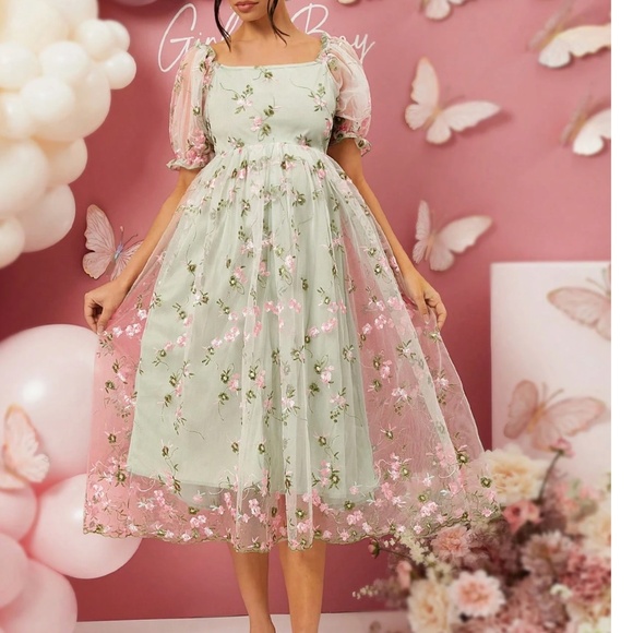Maternity Mint Green Floral Embroidered Puff Sleeve Dress - Picture 3 of 5